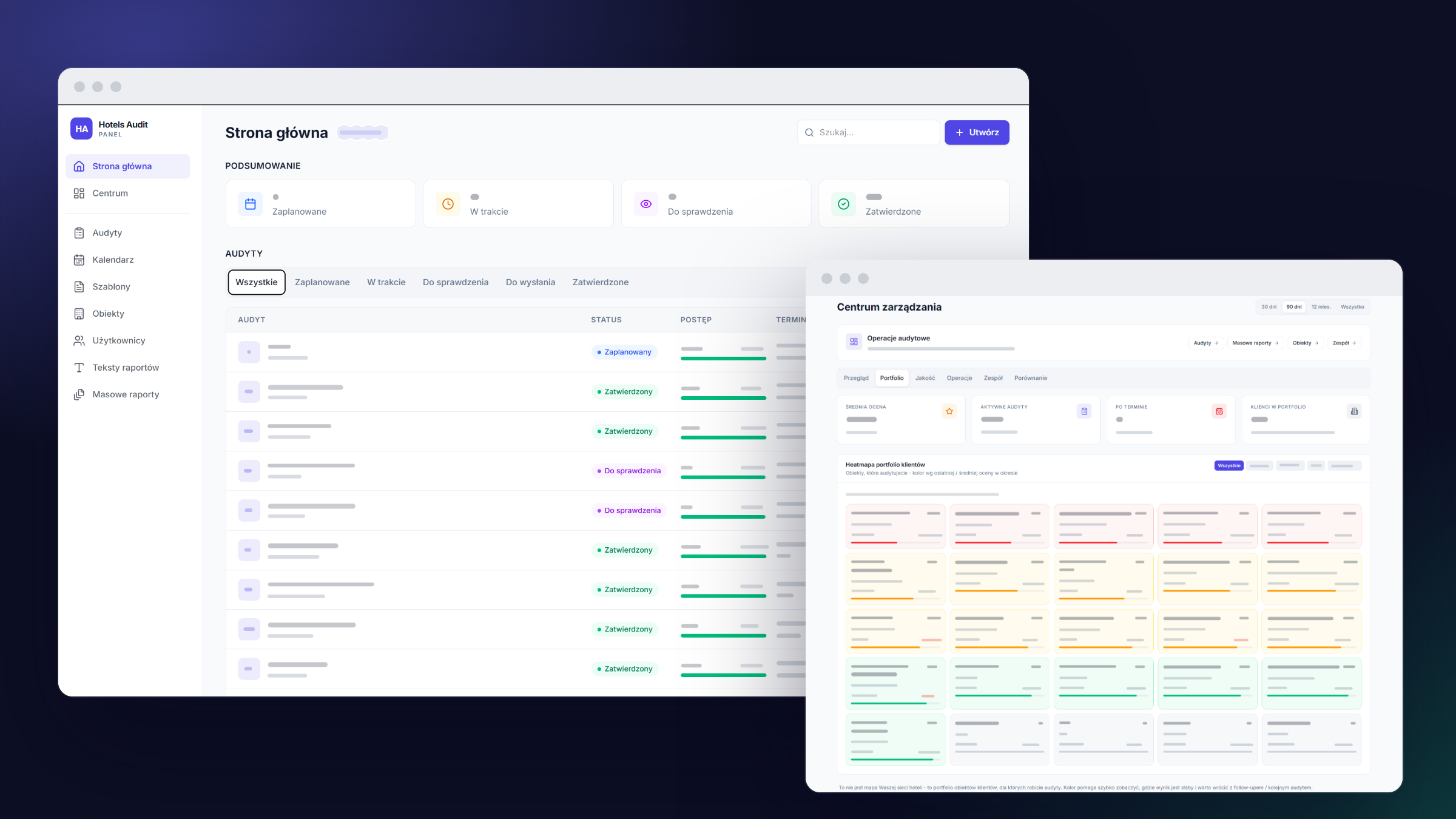 The Hotels Audit panel: a list of audits with statuses and a client portfolio map, data covered