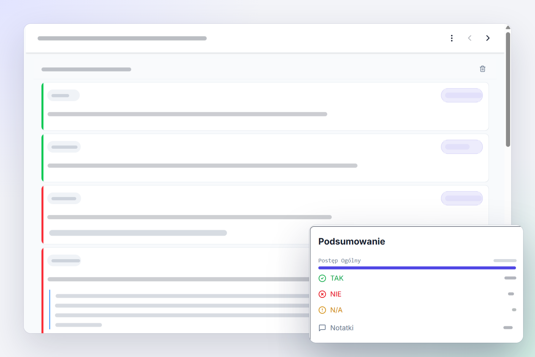 A single audit view: questions with answers and a summary, data covered