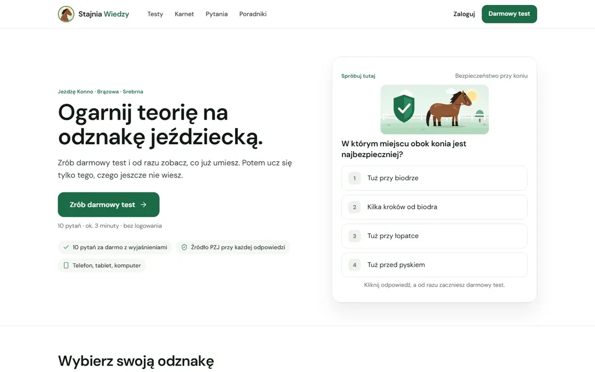 Stajnia Wiedzy home page with a sample test question