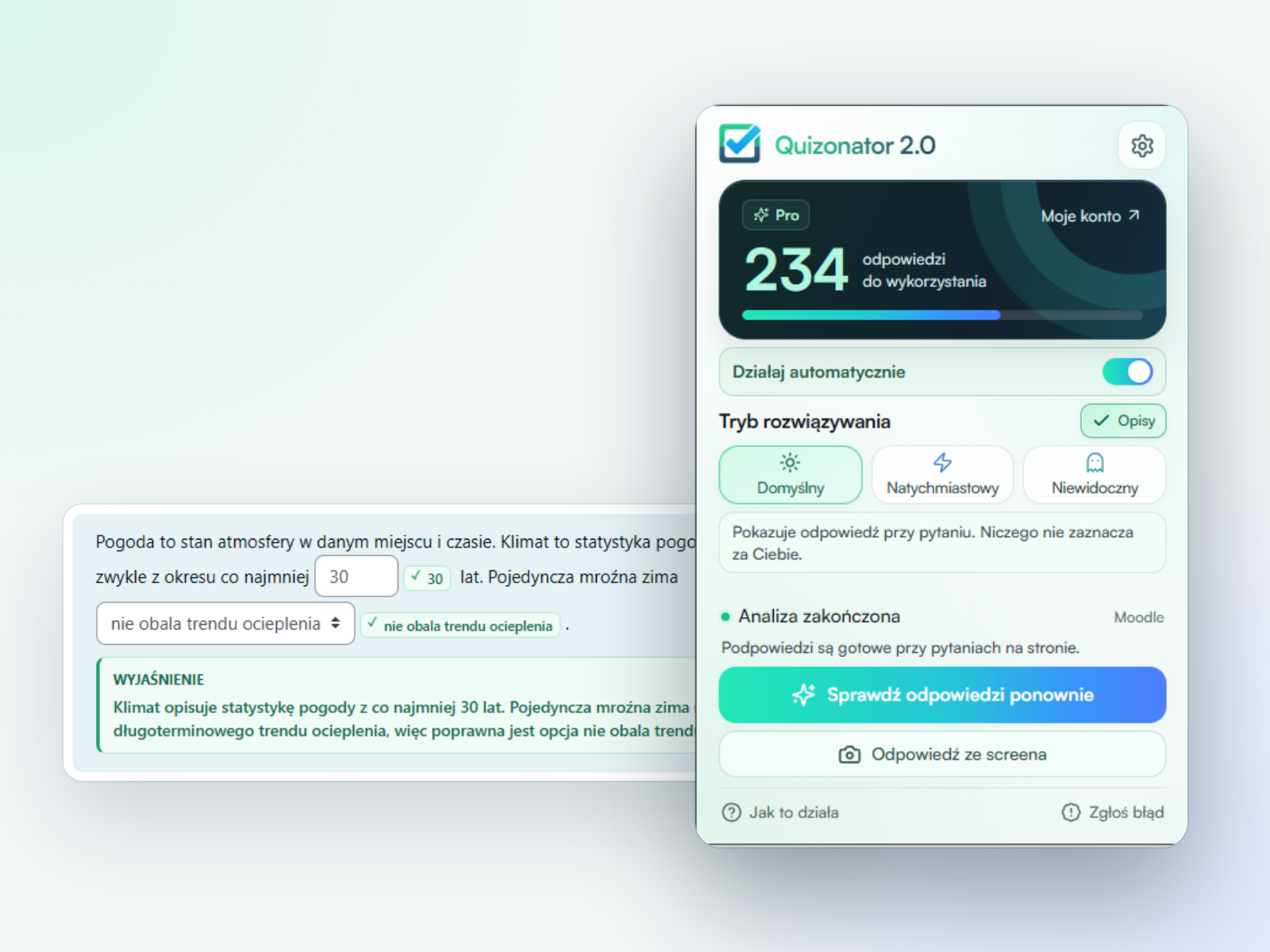 Panel rozszerzenia Chrome i odpowiedź z wyjaśnieniem wstawiona w stronę quizu