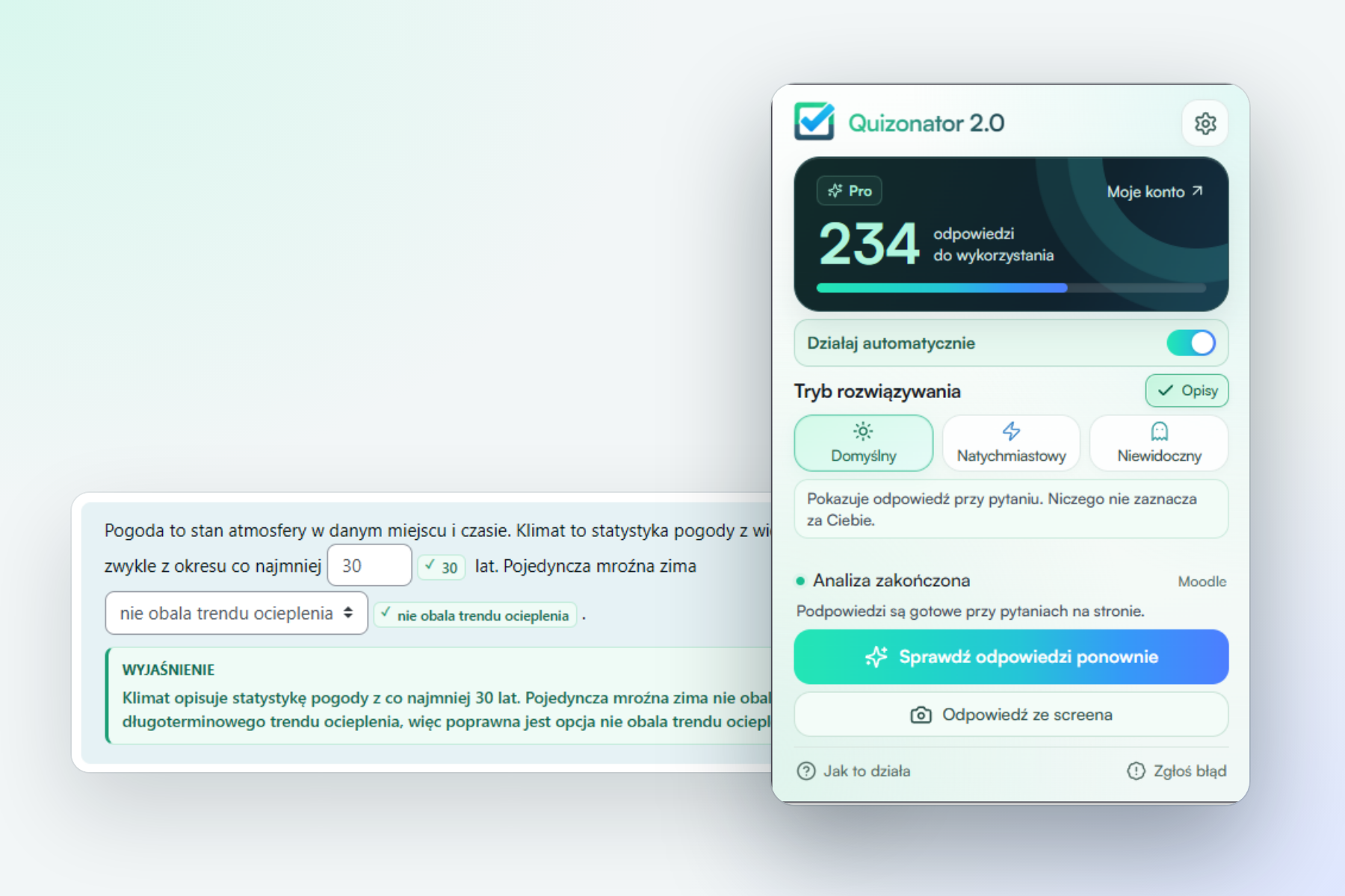 The Chrome extension panel and an answer with an explanation inserted into a quiz page