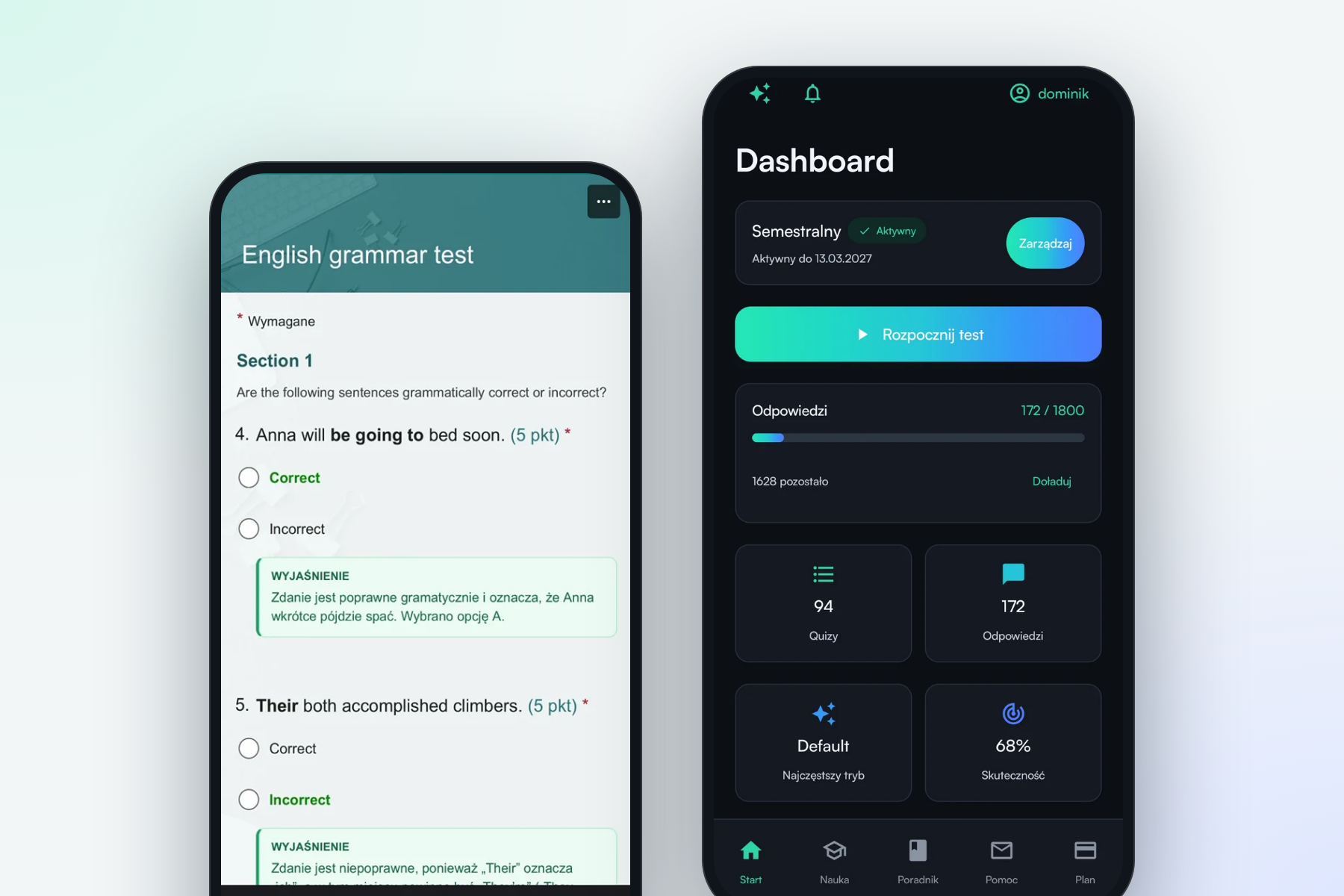 The mobile app: a built-in browser with answers and the account dashboard