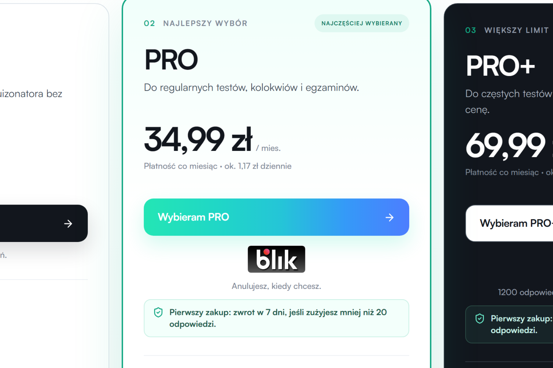 Quizonator pricing with plans and BLIK payment